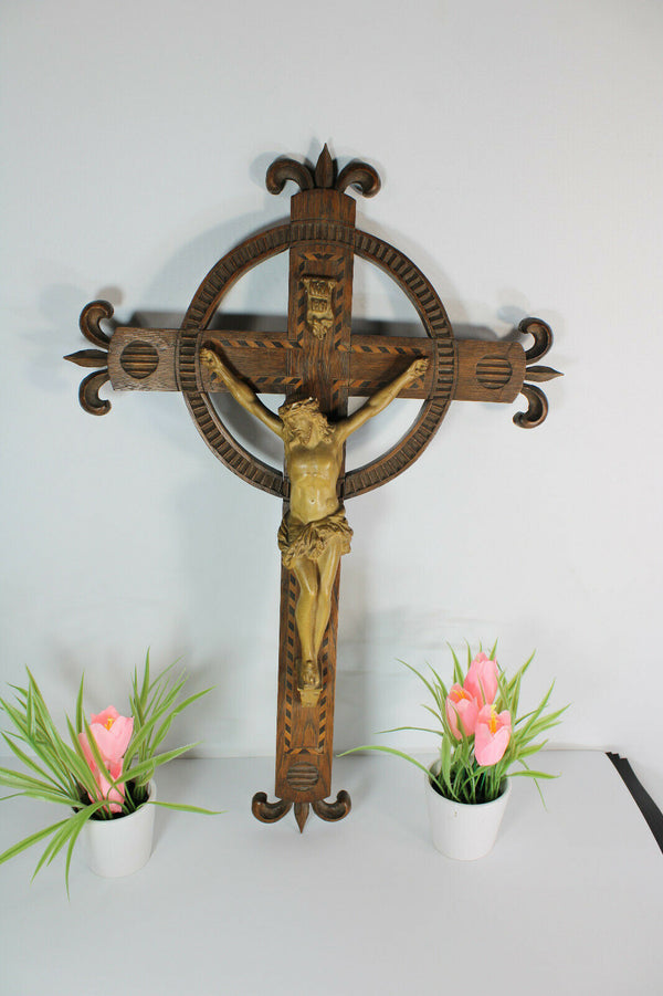 Antique French wood carved crucifix chalkare christ fleur de lys inlay