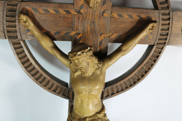 Antique French wood carved crucifix chalkare christ fleur de lys inlay