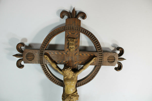 Antique French wood carved crucifix chalkare christ fleur de lys inlay