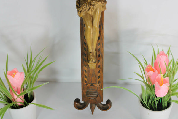 Antique French wood carved crucifix chalkare christ fleur de lys inlay