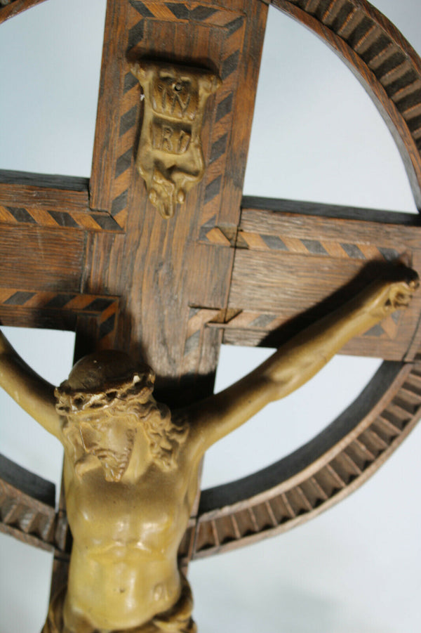 Antique French wood carved crucifix chalkare christ fleur de lys inlay