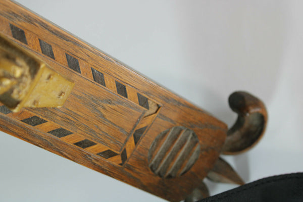 Antique French wood carved crucifix chalkare christ fleur de lys inlay