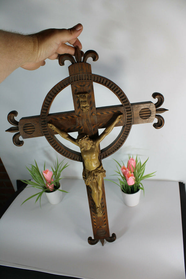 Antique French wood carved crucifix chalkare christ fleur de lys inlay