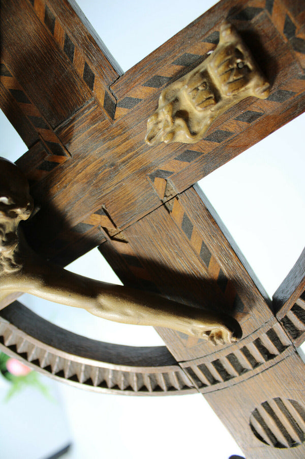 Antique French wood carved crucifix chalkare christ fleur de lys inlay