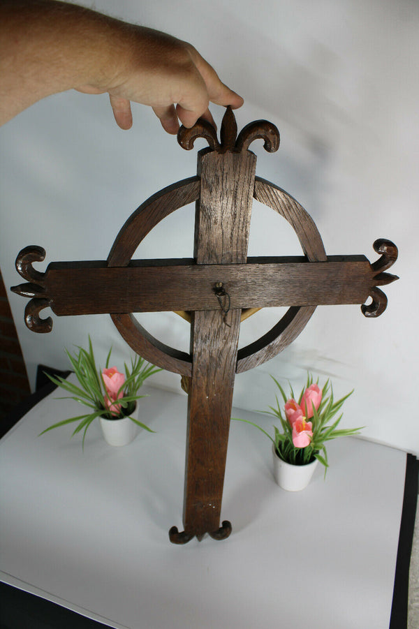 Antique French wood carved crucifix chalkare christ fleur de lys inlay