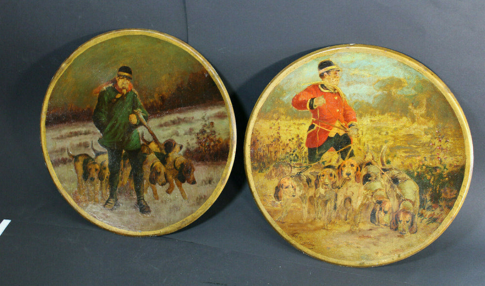 Antique PAIR Metal plates oil paintings by ALbert de Gesne hunting signed