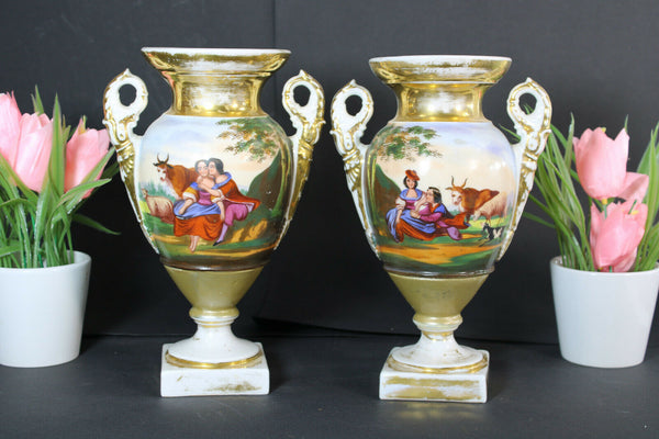 antique pair vieux paris porcelain Vases hand paint romantic scene animals