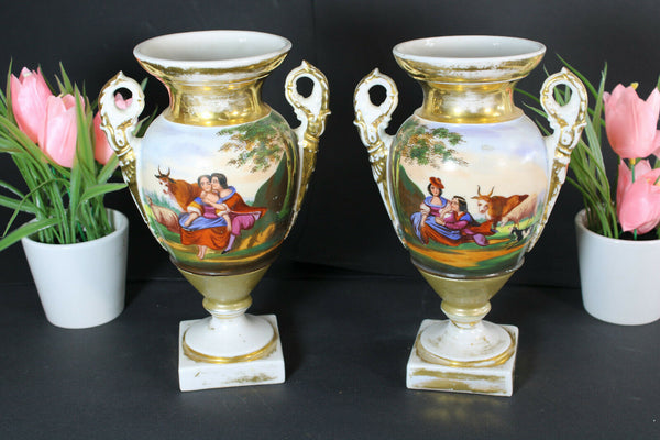 antique pair vieux paris porcelain Vases hand paint romantic scene animals