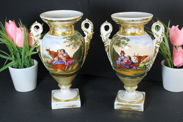 antique pair vieux paris porcelain Vases hand paint romantic scene animals