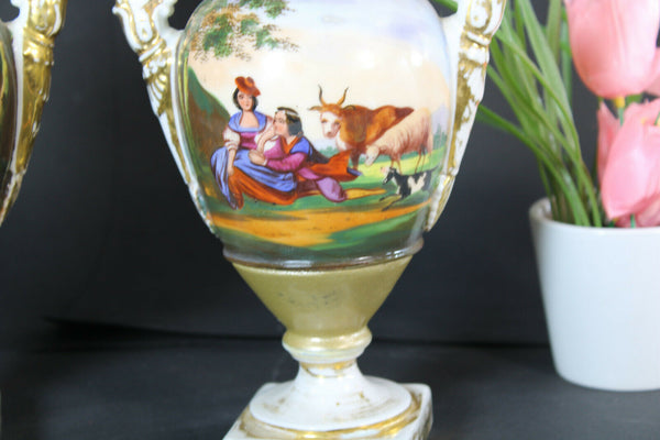 antique pair vieux paris porcelain Vases hand paint romantic scene animals