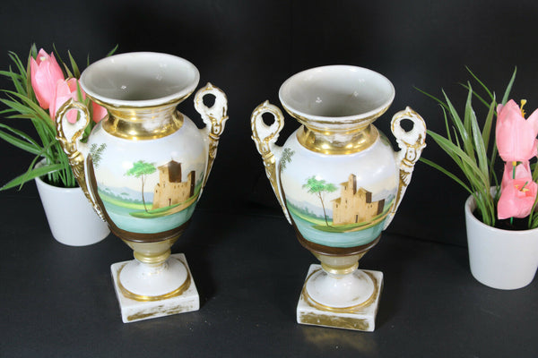 antique pair vieux paris porcelain Vases hand paint romantic scene animals