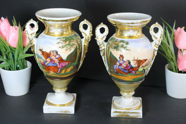 antique pair vieux paris porcelain Vases hand paint romantic scene animals