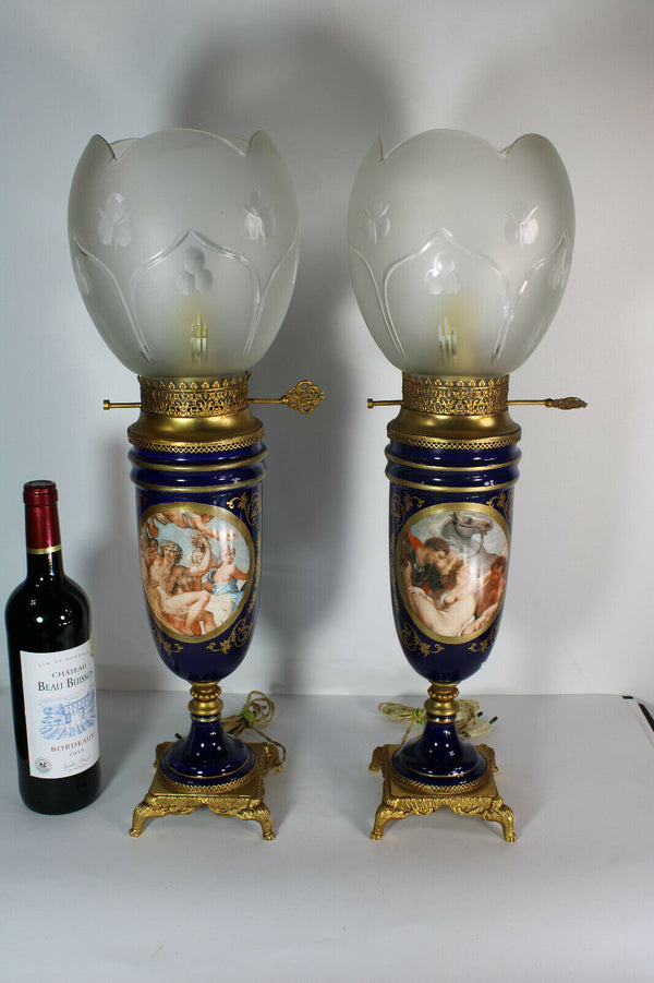 PAIR XL French limoges porcelain table lamps romantic decor glass shade