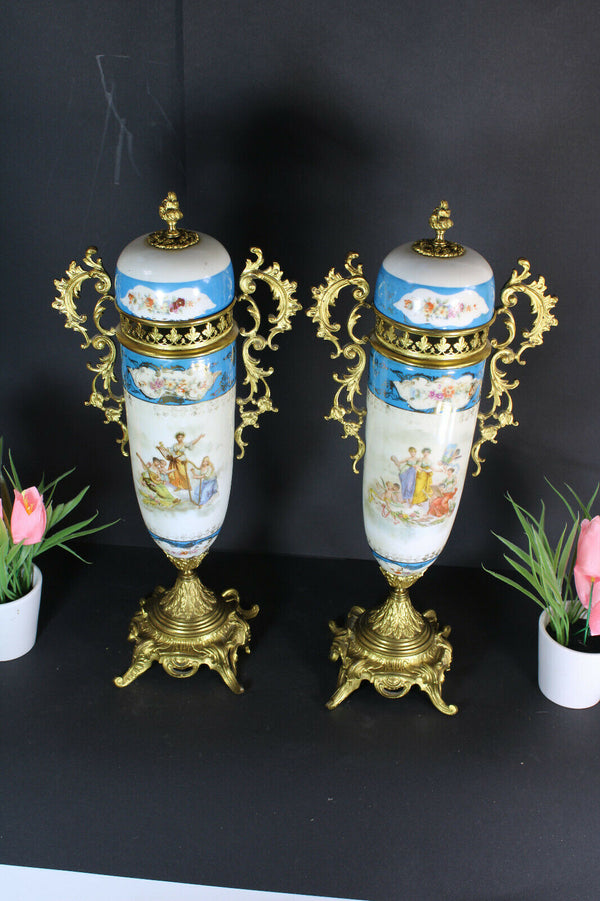 PAIR antique porcelain Brass romantic cherub putti Vases