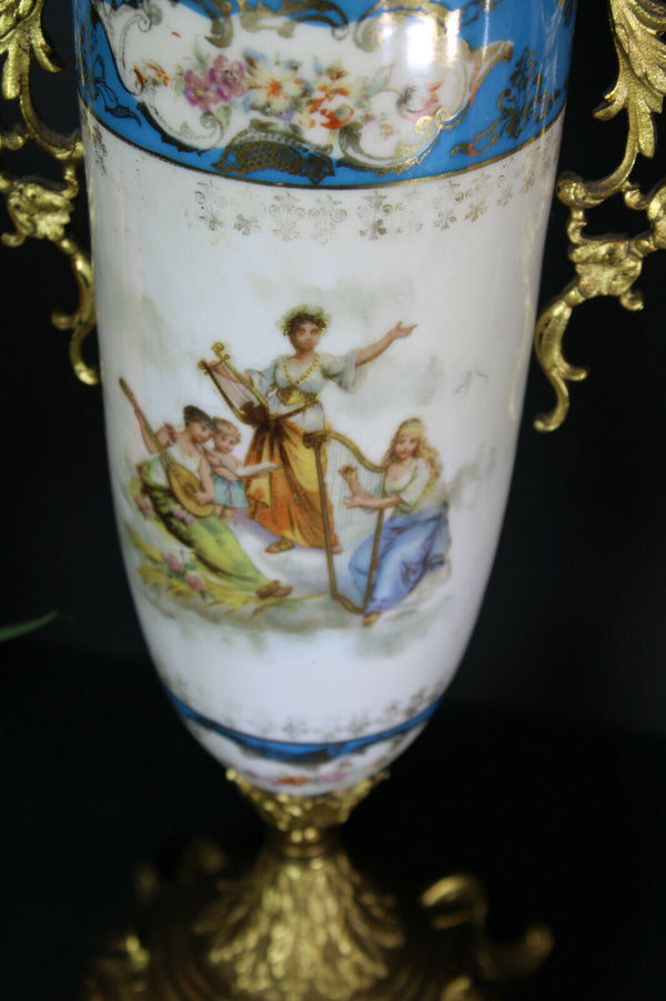 PAIR antique porcelain Brass romantic cherub putti Vases