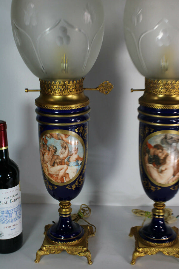 PAIR XL French limoges porcelain table lamps romantic decor glass shade