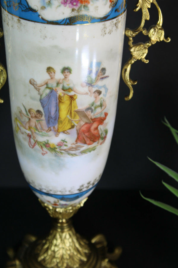 PAIR antique porcelain Brass romantic cherub putti Vases