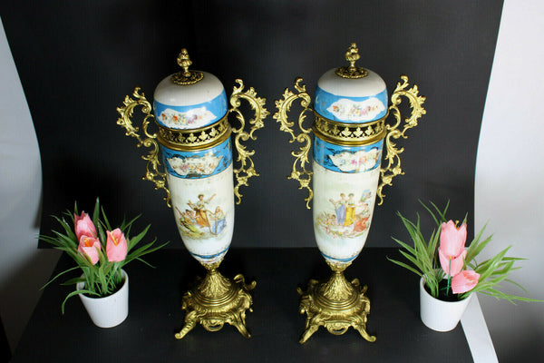 PAIR antique porcelain Brass romantic cherub putti Vases