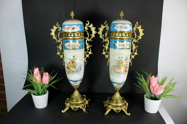 PAIR antique porcelain Brass romantic cherub putti Vases