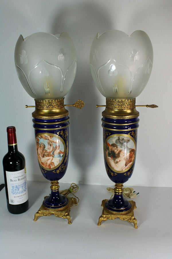 PAIR XL French limoges porcelain table lamps romantic decor glass shade