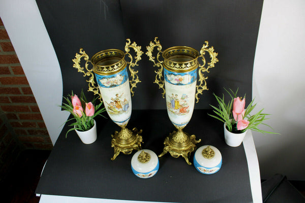 PAIR antique porcelain Brass romantic cherub putti Vases