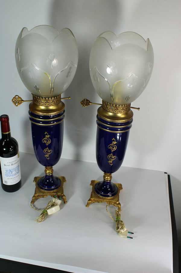 PAIR XL French limoges porcelain table lamps romantic decor glass shade