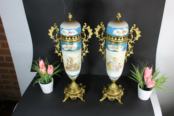 PAIR antique porcelain Brass romantic cherub putti Vases
