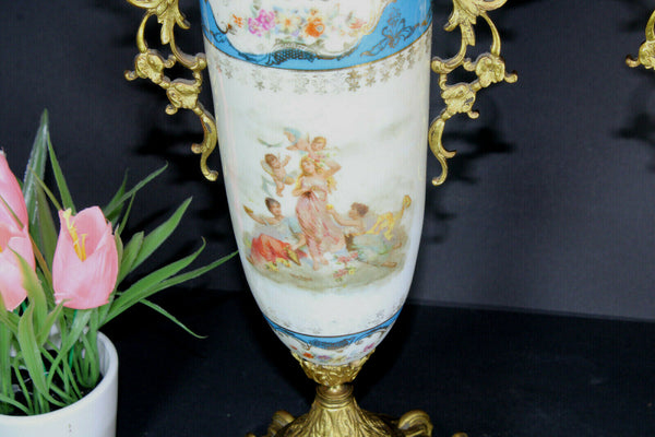PAIR antique porcelain Brass romantic cherub putti Vases