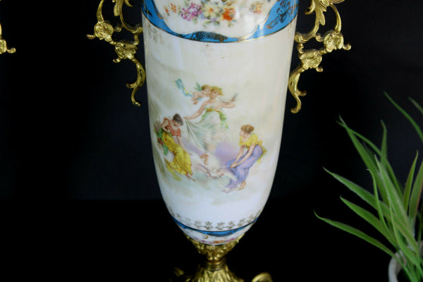 PAIR antique porcelain Brass romantic cherub putti Vases