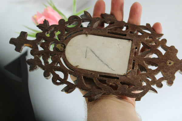 Antique black forest wood carved religious wall plaque porcelain madonna