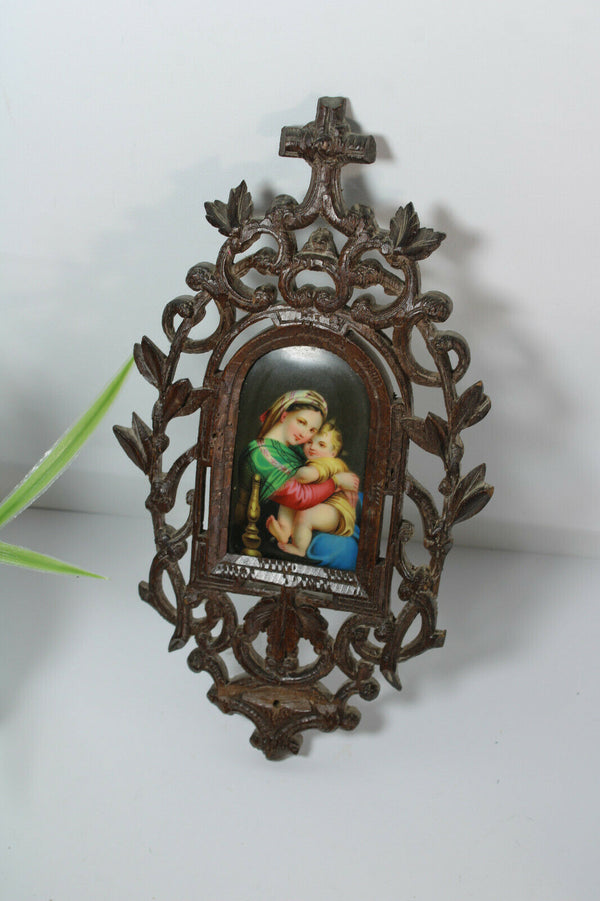 Antique black forest wood carved religious wall plaque porcelain madonna