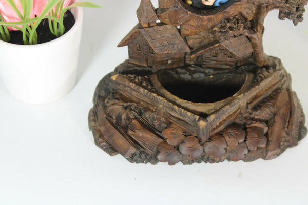 Antique german black forest wood holy water font crucifix porcelain madonna