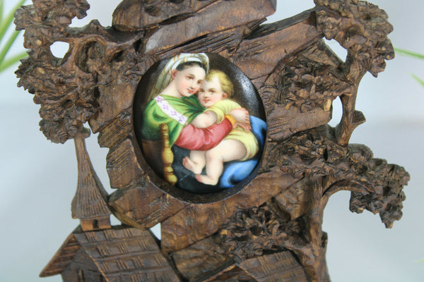 Antique german black forest wood holy water font crucifix porcelain madonna