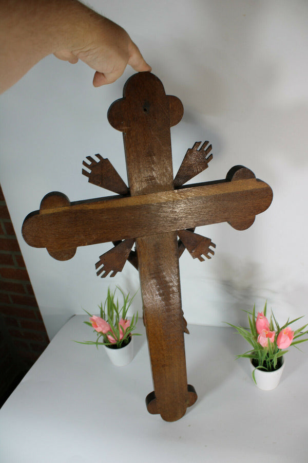 Antique large french wood carved wall crucifix cross religious