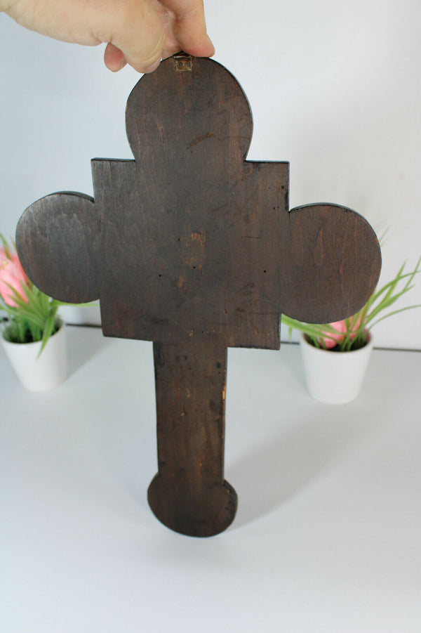 Antique French bronze Wood crucifix cross 4 evangelists religious