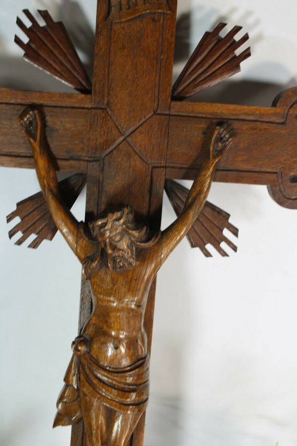 Antique large french wood carved wall crucifix cross religious