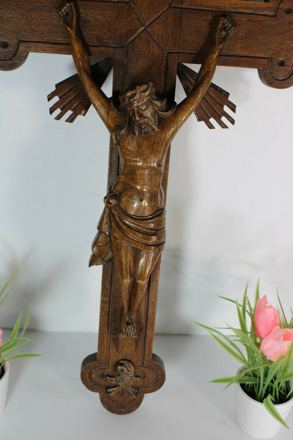 Antique large french wood carved wall crucifix cross religious