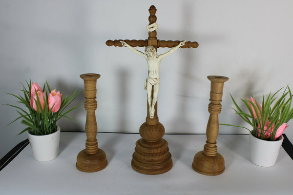Vintage French crucifix religious set candle holders