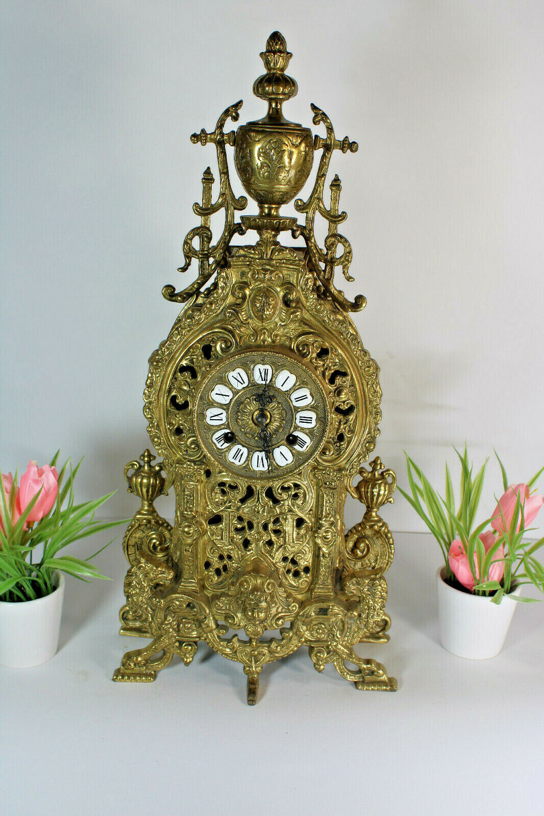 Vintage Bronze clock lions caryatid putti head clock