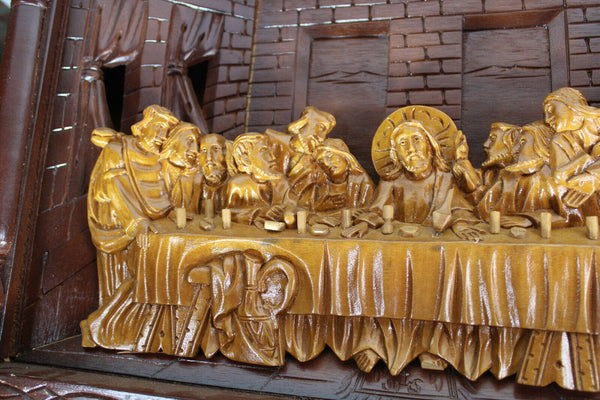 LARGE french wood carved religious last supper sculpture wall plaque panel rare