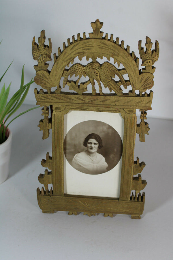 Antique french wood cut picture photo frame birds