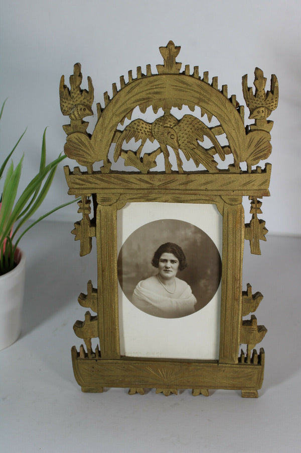 Antique french wood cut picture photo frame birds
