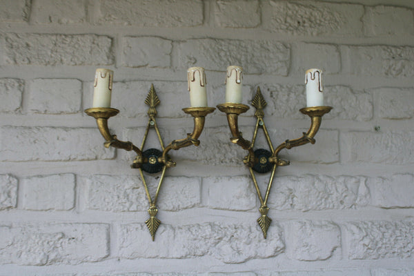 Vintage french pair bronze empire swan figurine wall lights sconces