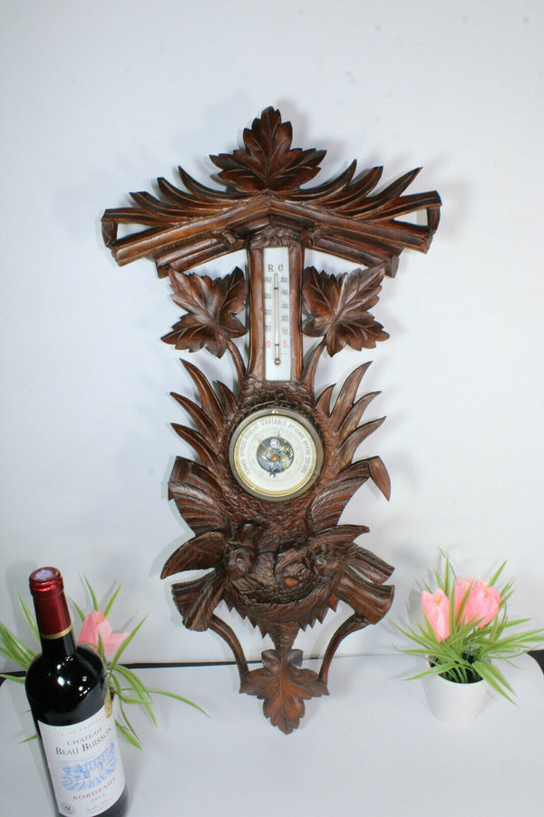 Antique Black forest wood carved wall barometer birds nest rare