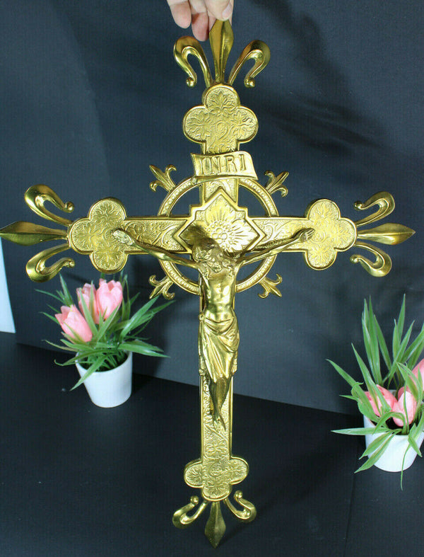 French bronze fleur de lys religious WAll crucifix cross gold gilt