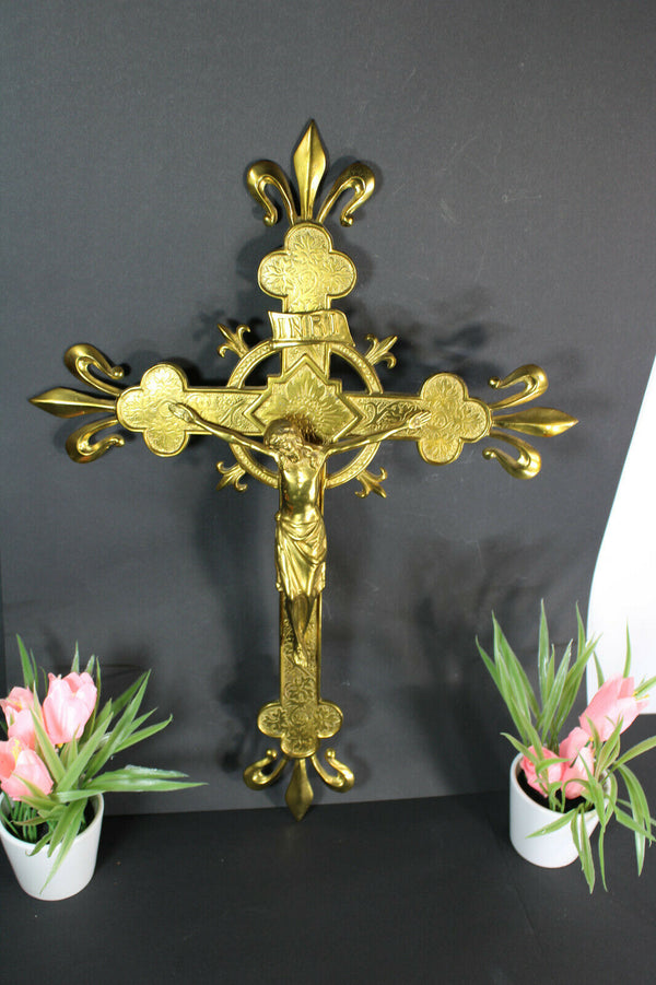 French bronze fleur de lys religious WAll crucifix cross gold gilt
