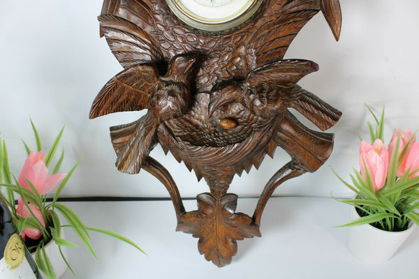 Antique Black forest wood carved wall barometer birds nest rare