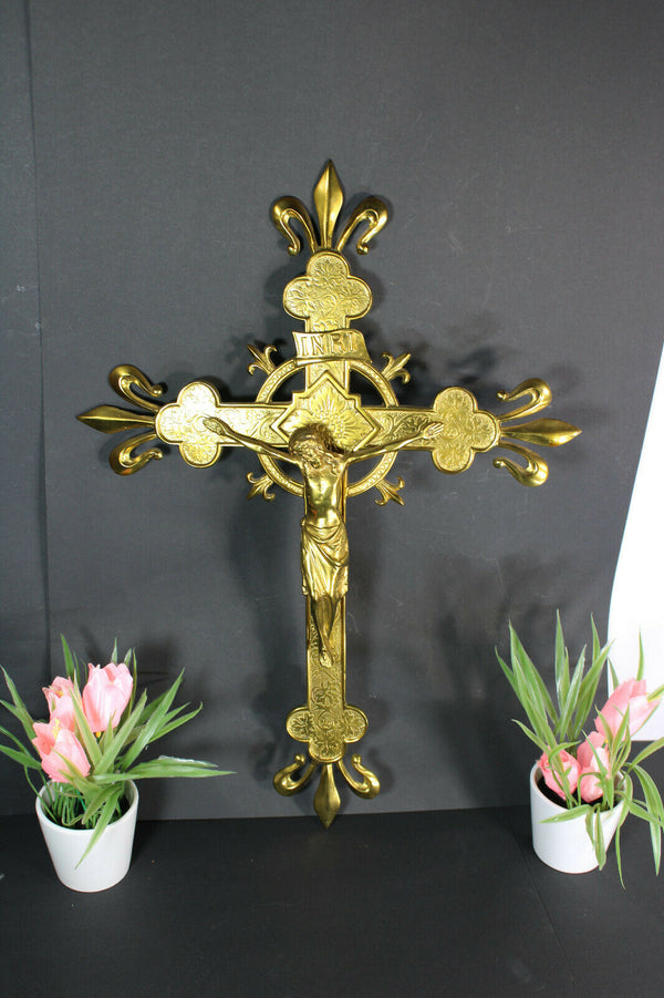 French bronze fleur de lys religious WAll crucifix cross gold gilt