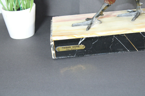 ART DECo French metal marble base pheasant bird Gilly sculpture statue