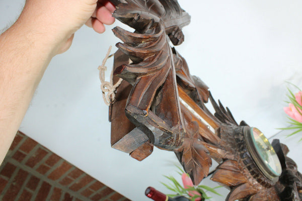 Antique Black forest wood carved wall barometer birds nest rare